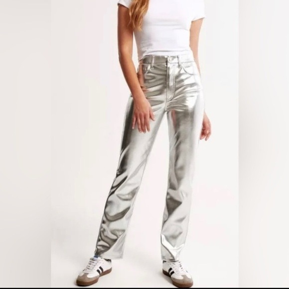 Silver Metallic High-Waisted Pants - Picture 1 of 4